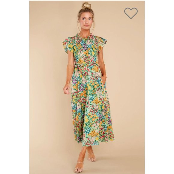 Olivia James the Label Lila Midi Dress Floral Print Meadow Mint Green Smocked L - Picture 2 of 16